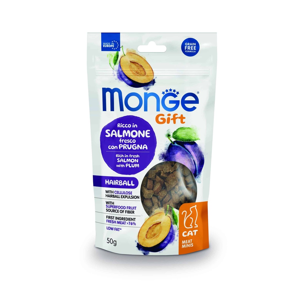 Monge Gift Meat Minis Cat Hairball Salmón y Ciruela 50 Gr
