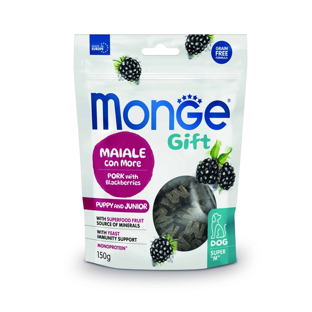 Monge Gift Super ”M” Puppy and Junior – Cerdo y Moras 150 Gr